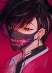  1boy absurdres asymmetrical_bangs bangs black_hair black_mask brown_hair collared_shirt commentary covered_mouth ear_piercing earrings english_commentary eyelashes glint hair_between_eyes highres himashu_illust jewelry looking_at_viewer male_focus mask mouth_mask multicolored_hair nijisanji nijisanji_en parted_bangs piercing portrait red_background red_eyes red_hair shirt short_hair simple_background solo spiked_ear_piercing spikes streaked_hair upper_body ver_vermillion virtual_youtuber white_shirt 