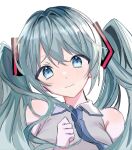  1girl aqua_hair bare_shoulders blue_eyes breasts closed_mouth collared_shirt crypton_future_media hatsune_miku highres kongiki_96 light_blush long_hair looking_at_viewer necktie shirt smile solo twintails upper_body very_long_hair vocaloid white_background 