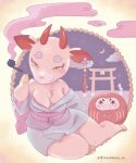  2_horns animal_crossing anthro asian_clothing big_breasts breasts cervid chest_tuft clothed clothing digital_media_(artwork) ear_piercing east_asian_clothing feet female fur hooves horn japanese_clothing looking_at_viewer makeup mammal moon night nintendo piercing pipe sculpture shino_(animal_crossing) smile smoke smoking smoking_pipe solo star statue thick_thighs torii tuft video_games white_body white_fur yokikana_yk 
