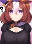  1girl ? ahoge animal_ears blush breasts cleavage commentary_request hair_between_eyes halloween_costume highres horse_ears large_breasts looking_at_viewer medium_hair meisho_doto_(umamusume) onsoku_inu open_mouth portrait purple_eyes simple_background solo umamusume 