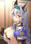  1girl abo_(hechouchou) animal_ears armor bangs blurry blurry_background blush braid breasts brown_eyes brown_gloves closed_mouth commentary_request erune gloves granblue_fantasy green_hairband grey_hair hair_between_eyes hairband heles large_breasts long_hair looking_at_viewer nipples one_breast_out single_braid solo sweat upper_body very_long_hair 