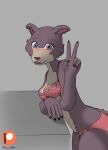 anthro beastars blue_eyes blush bow_(disambiguation) bra bra_straps breast_squish breasts brown_body claws clothing female frilly frilly_clothing frilly_underwear gesture hi_res how-about juno_(beastars) looking_at_viewer panties pink_bra pink_clothing pink_panties pink_underwear solo squish underwear v_sign 