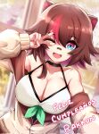  1girl :d animal_ears arm_up armpits bandaid bandaid_on_face bandaid_on_nose bare_shoulders birthday blue_eyes blurry blurry_background bow breasts brown_hair brown_jacket character_name cleavage collarbone colored_inner_hair commentary dutch_angle eyes_visible_through_hair fang green_bow hair_between_eyes halterneck happy_birthday highres indoors jacket large_breasts medium_hair multicolored_eyes multicolored_hair off_shoulder one_eye_closed open_mouth owozu raccoon_ears raccoon_girl rakkun_sutaru red_eyes red_hair selfie shiny shiny_hair shirt skin_fang slash-ex sleeveless sleeveless_shirt smile solo spanish_commentary translated two-tone_hair upper_body v v_over_eye virtual_youtuber white_shirt window 