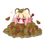  1girl animal_ears bangs blonde_hair full_body hair_between_eyes hair_bun hair_ornament kemomimi-chan_(naga_u) kemonomimi_mode leaf leaf_on_head leaf_pile looking_at_viewer naga_u original purple_eyes raccoon_ears simple_background solo sparkle white_background 