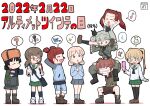  6+girls :d ? absurdres alisa_(girls_und_panzer) anchovy_(girls_und_panzer) anger_vein anzio_military_uniform armpits arms_behind_head arms_up artist_logo bag bangs belt black_belt black_footwear black_neckerchief black_necktie black_ribbon black_shirt black_shorts black_skirt black_socks black_vest blouse blue_pants blunt_bangs boots brown_eyes brown_footwear brown_hair brown_headwear brown_jacket camera carrying cellphone clenched_hand commentary constricted_pupils dated dress_shirt drill_hair eighth_note freckles frown fur_hat girls_und_panzer glasses green_jacket green_skirt grey_jacket grey_pants grimace hair_ornament hair_ribbon hair_tie hat highres holding holding_camera holding_microphone holding_phone jacket kadotani_anzu keizoku_military_uniform keizoku_school_uniform knee_boots kneehighs loafers long_hair long_sleeves looking_at_another looking_down low_twintails microphone mikko_(girls_und_panzer) military military_uniform miniskirt multiple_girls musical_note neckerchief necktie nina_(girls_und_panzer) ooarai_school_uniform oono_aya open_mouth ou_taiga own_hands_together pants pants_rolled_up pants_under_skirt parted_bangs phone pleated_skirt pravda_military_uniform red_eyes red_hair red_shirt ribbon rimless_eyewear round_eyewear sailor_collar sam_browne_belt satchel saunders_military_uniform school_uniform serafuku shirt shoes short_hair short_twintails shorts shoulder_carry skirt smile sneakers socks spoken_anger_vein spoken_musical_note spoken_question_mark spoken_sparkle spoken_sweatdrop spoken_thumbs_up spoken_www squatting standing star_(symbol) star_hair_ornament struggling sweatdrop thighhighs track_pants translated turtleneck twin_drills twintails twintails_day uniform ushanka vest video_camera white_background white_footwear white_sailor_collar white_shirt wing_collar yb_norio 