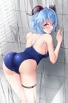 1girl against_wall ahoge ass bare_arms bare_shoulders bent_over blue_hair blush breasts competition_swimsuit ganyu_(genshin_impact) genshin_impact horns looking_at_viewer matrix16 one-piece_swimsuit open_mouth purple_eyes sideboob swimsuit thigh_strap 