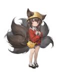  1girl aged_down amagi-chan_(azur_lane) animal_ears azur_lane brown_tail douya_(233) ears_through_headwear fox_ears fox_girl fox_tail hat kindergarten_uniform kitsune kyuubi looking_at_viewer manjuu_(azur_lane) multiple_tails school_hat solo tail thick_eyebrows yellow_headwear 