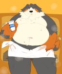  0119_muu 2022 anthro belly bernese_mountain_dog big_belly black_body bodily_fluids brown_body canid canine canis domestic_dog hi_res kemono male mammal molosser moobs mountain_dog navel overweight overweight_male solo sweat swiss_mountain_dog towel white_body 