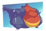  2022 3:2 anthro belly belly_overhang belly_squish big_belly black_sclera claws cowiie dorsal_fin double_chin fangs fat_arms fat_rolls fin full-length_portrait garchomp generation_4_pokemon grin hi_res huge_moobs huge_thighs hyper hyper_belly looking_at_viewer male moobs morbidly_obese navel nintendo obese overweight pokemon pokemon_(species) portrait purple_body red_body simple_background smile solo sparkles spikes squish standing tail_fin thick_arms thick_tail thick_thighs video_games wide_hips yellow_body yellow_eyes 