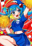  1girl :d alternate_costume arms_up artist_name bangs blue_eyes blue_hair blue_headwear blue_shirt blue_skirt blunt_bangs blush breasts cabbie_hat cheerleader commission eyes_visible_through_hair feet_out_of_frame floating_hair hair_bobbles hair_ornament hat highres kawashiro_nitori large_breasts leg_up looking_at_viewer midriff navel open_mouth pleated_skirt pom_pom_(cheerleading) red_background sekkaku_nuru shirt short_sleeves skeb_commission skirt skirt_set smile solo sweat teeth tongue touhou two_side_up upper_teeth v-shaped_eyebrows 