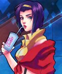  1girl blue_eyes breasts cowboy_bebop cup derivative_work disposable_cup drinking_straw drinking_straw_in_mouth faye_valentine hairband hannahartwork highres lipstick looking_at_viewer makeup purple_hair screencap_redraw solo yellow_hairband 