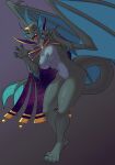  anthro aquatic_dragon breasts cape chockloss claws clothed clothing crown dragon female fin gills green_body green_scales hi_res marine membrane_(anatomy) membranous_wings nipples non-mammal_breasts non-mammal_nipples orange_eyes partially_clothed playful scales scalie skalaza solo teeth western_dragon wings zeltha 