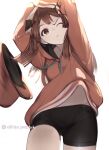  1girl akisa_yositake arms_up artist_name bangs black_shorts brown_eyes brown_hair brown_hoodie closed_mouth green_eyes guilty_gear guilty_gear_strive hood hoodie long_hair long_sleeves looking_at_viewer may_(guilty_gear) one_eye_closed shorts simple_background solo white_background 