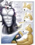  abs anthro bulge canid canine canis english_text flirting fox fox_mccloud genitals hi_res humanoid_genitalia humanoid_penis licking licking_lips male male/male mammal nintendo penis star_fox text tongue tongue_out video_games wet_dream wolf wolf_o&#039;donnell ximorexx 