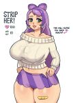  1girl absurdres alternate_breast_size bandaid blush breasts cable_knit earrings english_text eyelashes green_eyes highres huge_breasts jewelry like_and_retweet long_hair long_sleeves looking_at_viewer meme miriam_(pokemon) multicolored_hair plump pokemon pokemon_(game) pokemon_sv purple_hair school_nurse smile solo strip_game sweater thick_thighs thighs thirstformilk twitter_strip_game_(meme) two-tone_hair undressing 