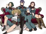  6+girls asticassia_school_uniform asymmetrical_shorts blue_hair boots braid brown_eyes brown_hair couch expressionless fingerless_gloves gloves green_eyes green_hair grin gundam gundam_suisei_no_majo hair_over_one_eye hand_on_another&#039;s_shoulder haruhisky henao_jazz highres ireesha_plato light_brown_hair long_hair looking_at_viewer maisie_may multiple_girls necktie one_eye_closed open_mouth purple_eyes purple_hair renee_costa sabina_fardin school_uniform shoes simple_background smile white_background yellow_eyes 