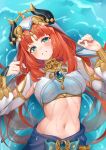  1girl armpits breasts cape embarrassed genshin_impact green_eyes hair_ornament hal_(h_lambda_l) highres horns long_hair looking_at_viewer lying navel nilou_(genshin_impact) on_back open_mouth orange_hair skirt small_breasts smile solo sweat teeth water 