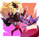  1girl arms_up black_dress blonde_hair blue_eyes boots caitlin_(fall_2021)_(pokemon) caitlin_(pokemon) detached_sleeves dress full_body gem hair_ornament jewelry ko_izumi_hida long_hair looking_at_viewer mega_pokemon mega_sableye official_alternate_costume open_mouth pokemon pokemon_(game) pokemon_masters_ex ponytail ring sableye thigh_boots very_long_hair 