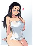  1girl arm_support black_hair blue_eyes blush breasts collarbone dashi heart highres long_hair looking_at_viewer naked_towel nico_robin one_piece sideboob sitting smile solo towel 
