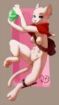  anthro areola avogadrotoast biped blue_eyes breasts domestic_cat ear_piercing felid feline felis female fur gem genitals holding_object mammal multi_nipple nipples pawpads paws piercing pink_pawpads pussy solo white_body white_fur 