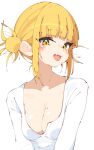  1girl bangs blonde_hair blunt_bangs blush boku_no_hero_academia breasts cleavage collarbone commentary double_bun fang hair_bun highres long_sleeves looking_at_viewer medium_breasts messy_hair mole mole_on_breast open_mouth rasusurasu scoop_neck shirt short_hair_with_long_locks sidelocks simple_background skin_fang smile solo straight_hair toga_himiko tsurime upper_body white_background white_shirt yellow_eyes 