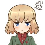  1girl bangs blonde_hair blue_eyes bob_cut commentary fang frown girls_und_panzer glaring green_jacket half-closed_eyes jacket katyusha_(girls_und_panzer) looking_at_viewer open_mouth portrait pravda_school_uniform red_shirt rico_(rico-tei) school_uniform shirt short_hair simple_background solo squiggle turtleneck white_background 