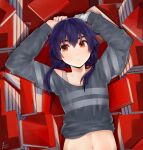 1girl absurdres arms_up artist_name bandaged_arm bandages bangs black_shirt book bra bra_strap brown_eyes clothes_lift commentary curled_fingers double_horizontal_stripe from_above hair_between_eyes highres kanbaru_suruga long_bangs long_hair long_sleeves looking_away looking_to_the_side lying midriff monogatari_(series) navel on_back parted_lips piancaesar pile_of_books purple_hair romaji_commentary shirt shirt_lift signature solo thick_eyebrows twintails underwear upper_body white_bra 