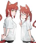  2girls absurdres animal_ears ass bangs breasts cat_ears cat_girl cat_tail chainsaw_man glasses grimm_mjeow hand_up highres kobayashi-san_chi_no_maidragon kobayashi_(maidragon) makima_(chainsaw_man) medium_breasts multiple_girls ponytail red_hair see-through_silhouette shirt short_sleeves simple_background small_breasts smile tail white_background white_shirt yellow_eyes 