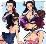  1girl ass black_hair blue_eyes breasts cape cleavage closed_mouth dashi dress gloves heart highres horns large_breasts long_hair multiple_views nico_robin one_eye_closed one_piece ponytail sitting smile smirk sunglasses v-shaped_eyebrows 