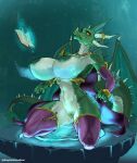  2022 anthro aquatic_dragon armwear big_breasts breast_grab breasts clothed clothing digital_media_(artwork) disembodied_hand dragon elbow_gloves eyelashes female genitals gloves green_body green_scales grope hand_on_breast handwear horn hospitallerinaboat legwear lizard marine membrane_(anatomy) membranous_wings mostly_nude nipples non-mammal_breasts orange_eyes pussy reptile scales scalie skimpy solo spikes spikes_(anatomy) thick_thighs thigh_highs wings 