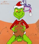  2022 4_fingers bottomless bottomless_male christmas christmas_clothing christmas_headwear clothed clothing costume digital_drawing_(artwork) digital_media_(artwork) fingers food food_fetish food_penetration food_play fur genitals green_body green_fur green_penis grinch hat headgear headwear holidays humanoid improvised_sex_toy male penis red_eyes santa_costume santa_hat signature solo yellow_sclera zigmenthotep 