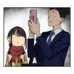  1boy 1girl black_hair blue_necktie brown_hair cellphone collared_shirt douki-chan_(douki-chan) douki-kun_(douki-chan) faceless faceless_male formal ganbare_douki-chan holding holding_phone long_sleeves necktie phone scarf shirt short_hair smartphone suit yomu_(sgt_epper) 