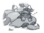  3_fingers 3_toes advos ambiguous_gender anthro artist_name canid canine digital_media_(artwork) duo eyes_closed faceless_character feet fingers fur generation_4_pokemon hand_on_head hi_res lucario mammal monochrome nintendo pawpads pokemon pokemon_(species) riolu simple_background size_difference sleeping smile tail_around_another toes video_games 