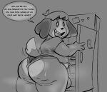  animal_crossing anthro appliance belly big_butt black_nose bodily_fluids bottomwear butt canid canine canis cellulite clothed clothing cute_fangs dialogue dialogue_box digby_(animal_crossing) domestic_dog floppy_ears fridge greyscale hi_res huge_butt kitchen_appliance lavabath male mammal monochrome nintendo open_mouth overweight overweight_anthro overweight_male partially_clothed rear_view shih_tzu short_tail slightly_chubby smile solo speech_bubble standing sweat sweatdrop text topwear toy_dog underwear video_games wedgie 