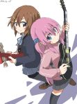  2girls absurdres back-to-back blue_eyes bocchi_the_rock! brown_eyes brown_hair crossover cynical_(llcbluckg_c004) electric_guitar gibson_les_paul gotou_hitori guitar highres hirasawa_yui instrument k-on! multiple_girls pink_hair shadow 