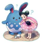  1girl ? azumarill bare_arms barefoot black_one-piece_swimsuit cd closed_mouth commentary_request double_bun elizabeth_(tomas21) green_hair hair_bun innertube leaning_forward looking_down one-piece_swimsuit pokemon pokemon_(creature) pokemon_(game) pokemon_oras sand standing swimsuit toes tuber_(pokemon) white_background 