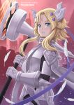  armor blonde_hair castle dogmatika_ecclesia_the_virtuous double_bun duel_monster ecclesia_(yu-gi-oh!) falling_feathers green_eyes hair_bun highres knight pralinesquire shoulder_armor sunset war_hammer weapon yu-gi-oh! 