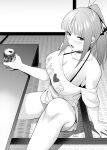  1girl arm_support bangs bare_shoulders blunt_bangs blush breasts can cleavage collarbone commentary go-toubun_no_hanayome greyscale heart heart_collar highres holding holding_can indoors kosmos_beta large_breasts looking_at_viewer monochrome nakano_nino off_shoulder open_mouth ponytail shadow sitting sliding_doors solo spread_legs table thighs 