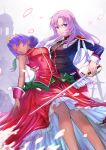  2girls aiguillette blue_eyes closed_eyes commentary dark-skinned_female dark_skin dress feet_out_of_frame glasses highres himemiya_anthy holding holding_sword holding_weapon long_hair looking_at_viewer multiple_girls murazo_(0606) petals pink_hair purple_hair red_dress rimless_eyewear shoujo_kakumei_utena sword sword_of_dios tenjou_utena weapon 