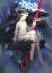  +_+ 1girl black_eyes black_hair black_wings bright_pupils completely_nude crossed_legs crown_of_thorns feathered_wings flat_chest full_body halo highres holding holding_polearm holding_weapon jon_taira long_hair multiple_wings nude original pale_skin polearm sitting smile solo spear weapon white_pupils wings 