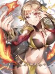  1girl blonde_hair blue_eyes breasts fire fire_emblem fire_emblem_fates fire_emblem_heroes grin hand_over_eye heterochromia highres large_breasts liszodow looking_at_viewer navel ophelia_(fire_emblem) pelvic_curtain red_eyes smile solo watermark 