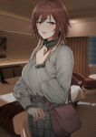  1girl aketa_mikoto bag bed belt_buckle blush breasts brown_hair buckle grey_shirt handbag highres idolmaster idolmaster_shiny_colors indoors large_breasts looking_at_viewer multicolored_eyes plaid plaid_skirt shirt skirt solo tsurui 