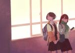  2girls backpack bag bangs black_bag black_skirt blunt_bangs brown_hair closed_eyes cowboy_shot green_scarf green_sweater holding holding_phone indoors inoue_haruka_(haruharu210) jacket long_hair multiple_girls original phone pleated_skirt scarf short_hair skirt sweater window yellow_jacket 