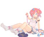  1girl anklet blue_eyes chaosexceed feet hair_ornament highres horns jewelry loose_socks no_shoes original red_hair sandals short_twintails sitting socks soles spaghetti_strap star_(symbol) star_hair_ornament swimsuit twintails white_socks 