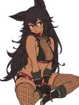  1girl animal_ears bangs bare_shoulders black_footwear black_gloves black_hair black_thighhighs boots breasts cerberus_(houtengeki) collar crossed_bangs dark-skinned_female dark_skin elbow_gloves fishnet_thighhighs fishnets gloves highres houtengeki knee_boots kneehighs large_breasts long_hair looking_at_viewer midriff original red_collar red_eyes simple_background sitting sleeveless socks solo stomach thighhighs white_background 