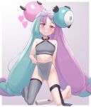  1girl bangs barefoot blush border bow-shaped_hair breasts character_hair_ornament clothes_tug commentary eyelashes full_body gazing_eye green_hair grey_background grey_shirt grey_thighhighs grin hair_ornament heart highres iono_(pokemon) kneeling long_hair looking_at_viewer medium_breasts multicolored_hair pokemon pokemon_(game) pokemon_sv purple_hair pussy pussy_peek sharp_teeth shirt single_thighhigh sleeveless sleeveless_shirt smile solo teeth thigh_strap thighhighs toes twintails two-tone_hair very_long_hair white_border 