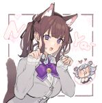  2girls ^_^ ^p^ animal_ear_fluff animal_ears bangs blush bow bowtie breasts brown_hair buttons cat_ears cat_tail cevio closed_eyes commentary_request fake_animal_ears fang grey_hair hair_ribbon heart koharu_rikka large_breasts long_hair long_sleeves looking_at_viewer multiple_girls natsuki_karin open_mouth purple_bow purple_bowtie purple_eyes ribbon shirinda_fureiru simple_background sleeves_past_wrists sweat synthesizer_v tail twintails 