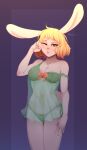  anthro blonde_hair bra bra_strap breasts carrot_(one_piece) cleavage clothed clothing female hair hi_res lagomorph leporid long_ears looking_at_viewer mammal minkmen_(one_piece) mycrys navel nipple_outline one_eye_closed one_piece panties rabbit rubbing_eyes solo standing tired translucent translucent_clothing translucent_nightgown underwear 