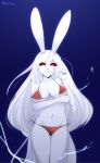  anthro arm_under_breasts bikini black_sclera breasts carrot_(one_piece) cleavage clothed clothing eyelashes female fur glowing glowing_eyes hair hi_res lagomorph leporid long_ears long_hair long_tail looking_at_viewer mammal minkmen_(one_piece) mycrys one_piece rabbit red_eyes simple_background skimpy solo sulong_carrot swimwear translucent translucent_hair white_body white_fur white_hair 