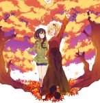  2girls absurdres alternate_hairstyle autumn autumn_leaves black_hair blonde_hair braid commentary_request day full_body grass hair_ribbon highres holding_hands hood hoodie inoue_takina light_blush long_hair long_skirt looking_at_another lycoris_recoil multiple_girls nishikigi_chisato open_mouth outdoors purple_eyes red_eyes ribbon shirt shoes short_hair shorts skirt smile sneakers tomu_(kpnlbrhiyfkj5uk) tree yuri 